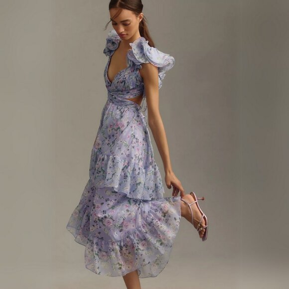 Mac Duggal 56049 Size 6 Light Purple Floral Tiered Ruffle Shoulder Midi Dress - Picture 5 of 9